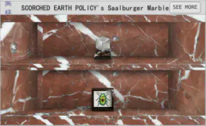 Scorched Earth Policy's Saalburger Marble case, showing a Titanium Cube and pinned specimen with empty surrounding positions.