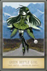 Green Beetle Girl card with pin overlay.